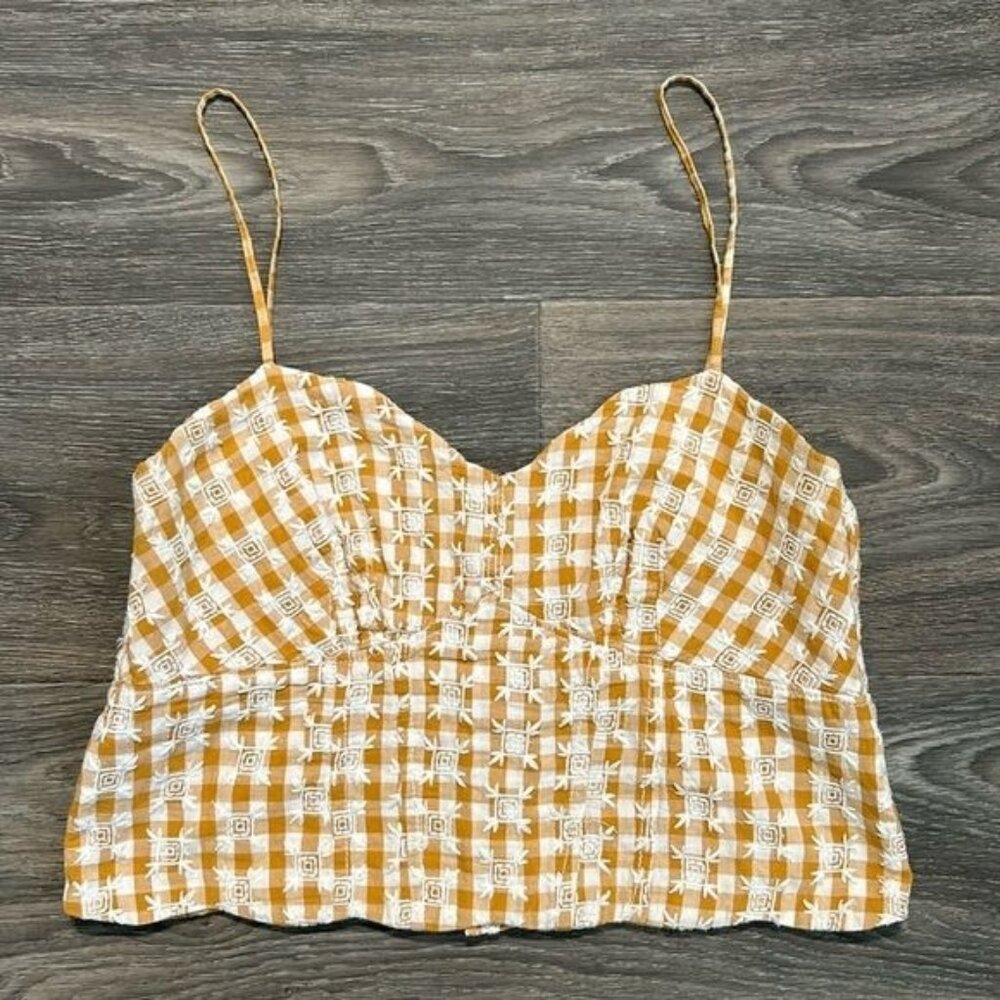 Maeve Anthropologie Size 8 Gingham Crop Tank Top Floral Scalloped Embroidered